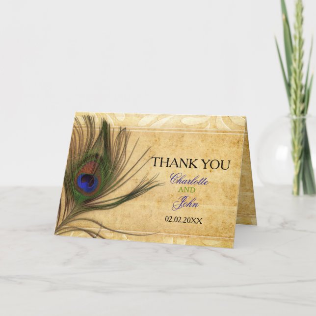 Rustic Peacock Feather Hochzeit Vielen Dank Dankeskarte (Vorderseite)
