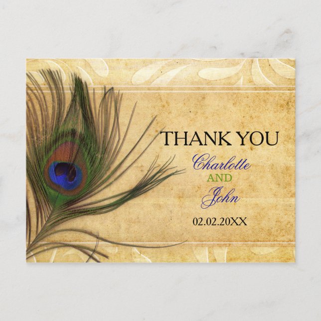 Rustic Peacock Feather Wedding Vielen Dank Postkarte (Vorderseite)