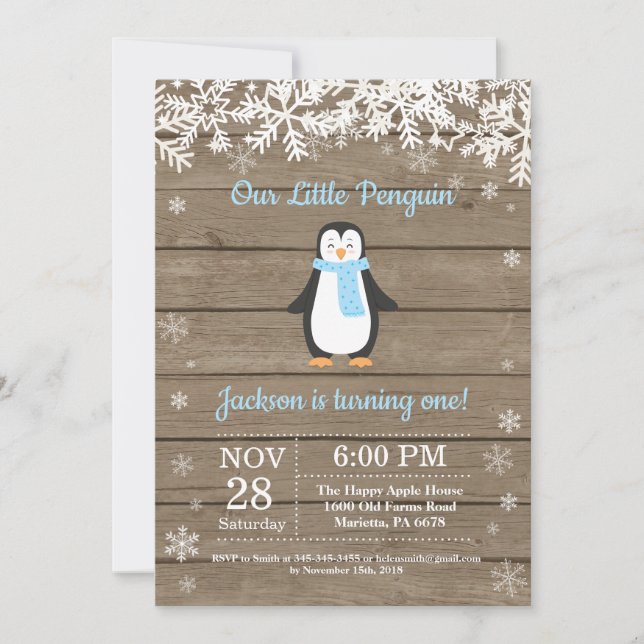 Rustic Penguin Winter Boy Invitation Anniversaire (Devant)