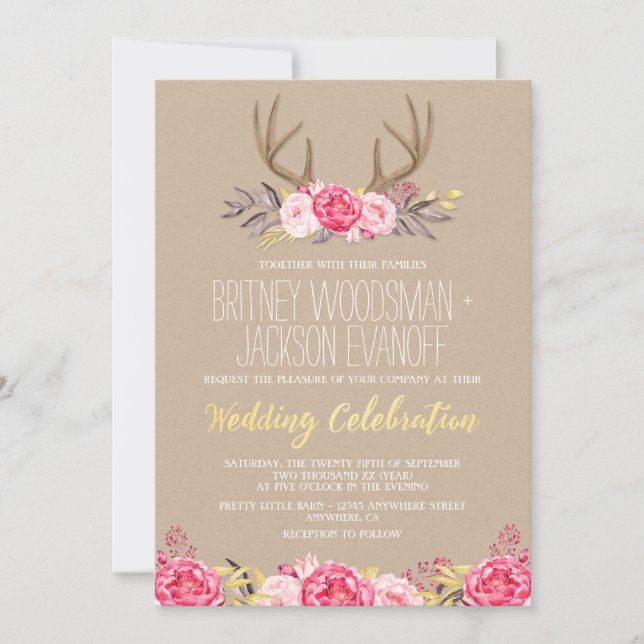 Rustic Peony et Deer Antler Wedding Invitations (Devant)