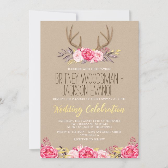 Rustic Peony et Deer Antler Wedding Invitations (Devant)