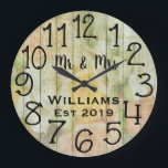 Rustic Personalized Antique Floral Wood Custom Große Wanduhr<br><div class="desc">Beautiful, unique, one-of-a-kind personalized design features a pastel wood with flowers and black personalized his and her names in a script font overlay design and the last name and year established in a bold script with a pastel floral background. Personalize this clock by adding your personal information. Makes a great...</div>