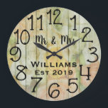 Rustic Personalized Antique Floral Wood Custom Große Wanduhr<br><div class="desc">Beautiful, unique, one-of-a-kind personalized design features a pastel wood with flowers and black personalized his and her names in a script font overlay design and the last name and year established in a bold script with a pastel floral background. Personalize this clock by adding your personal information. Makes a great...</div>