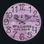 Rustic Personalized Antique Purple Wood Custom Große Wanduhr<br><div class="desc">Beautiful, unique, one-of-a-kind personalized design features a purple wood with flowers and black personalized his and her names in a script font overlay design and the last name and year established in a bold script with a purple floral background. Personalize this clock by adding your personal information. Makes a great...</div>