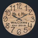 Rustic Personalized Brown Wood Custom Große Wanduhr<br><div class="desc">Beautiful, einzigartig, one-of-a-kind personalized design feature a-rustic brown wood with black personalization his and her names in a script machen overlay design and the last name and year establishd in a bold script with a printed wood background. Personalize this clock by adding your personal information. Makes a great wedding, anniversary,...</div>