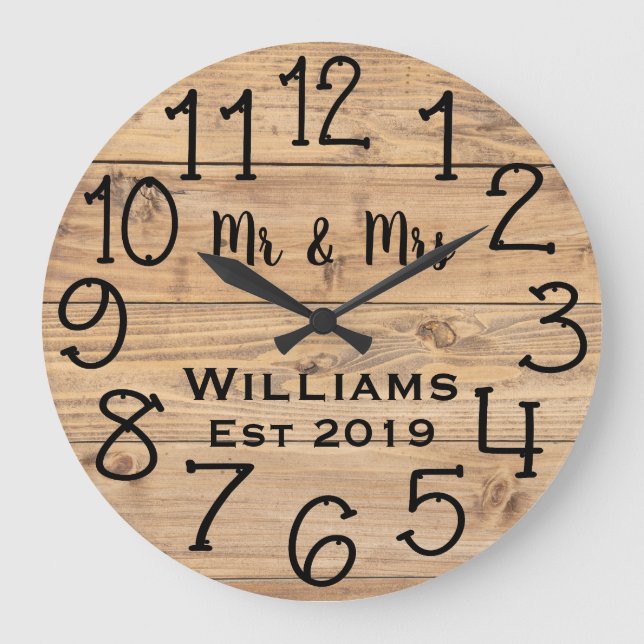 Rustic Personalized Brown Wood Custom Große Wanduhr (Vorderseite)