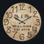Rustic Personalized Brown Wood Custom Große Wanduhr<br><div class="desc">Beautiful, einzigartig, one-of-a-kind personalized design feature a-rustic brown wood with black personalization his and her names in a script machen overlay design and the last name and year establishd in a bold script with a printed wood background. Personalize this clock by adding your personal information. Makes a great wedding, anniversary,...</div>