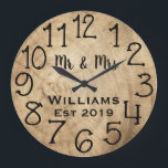 Rustic Personalized Brown Wood Custom Große Wanduhr<br><div class="desc">Beautiful, einzigartig, one-of-a-kind personalized design feature a-rustic brown wood with black personalization his and her names in a script machen overlay design and the last name and year establishd in a bold script with a printed wood background. Personalize this clock by adding your personal information. Makes a great wedding, anniversary,...</div>