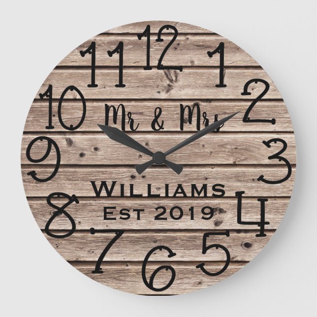 Rustic Personalized Brown Wood Custom Große Wanduhr (Vorderseite)