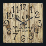 Rustic Personalized Brown Wood Custom Quadratische Wanduhr<br><div class="desc">Beautiful, einzigartig, one-of-a-kind personalized design feature a-rustic brown wood with black personalization his and her names in a script machen overlay design and the last name and year establishd in a bold script with a printed wood background. Personalize this clock by adding your personal information. Makes a great wedding, anniversary,...</div>