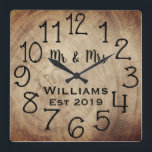 Rustic Personalized Brown Wood Custom Quadratische Wanduhr<br><div class="desc">Beautiful, einzigartig, one-of-a-kind personalized design feature a-rustic brown wood with black personalization his and her names in a script machen overlay design and the last name and year establishd in a bold script with a printed wood background. Personalize this clock by adding your personal information. Makes a great wedding, anniversary,...</div>