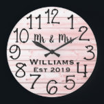 Rustic Personalized Gray Distressed Wood Custom Große Wanduhr<br><div class="desc">Beautiful, unique, one-of-a-kind personalized design features a black personalized his and her names in a script font overlay design and the last name and year established in a bold script with a grey distressed wood background. Personalize this clock by adding your personal information. Makes a great wedding, anniversary, or housewarming...</div>