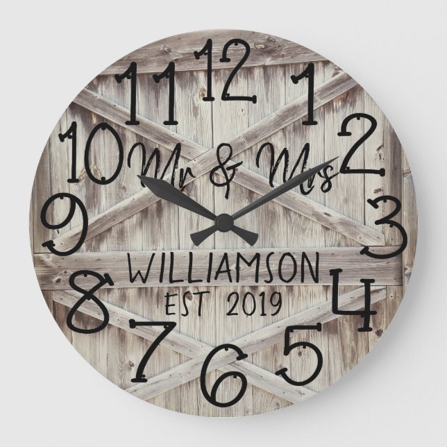 Rustic Personalized Grey Wood Custom Large Clock Große Wanduhr (Vorderseite)