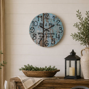 Rustic Personalized Teal Distressed Wood Custom Große Wanduhr