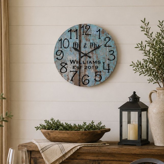 Rustic Personalized Teal Distressed Wood Custom Große Wanduhr (Von Creator hochgeladen)