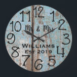 Rustic Personalized Teal Distressed Wood Custom Große Wanduhr<br><div class="desc">Beautiful, unique, one-of-a-kind personalized design features a black personalized his and her names in a script font overlay design and the last name and year established in a bold script with a blue distressed wood background. Personalize this clock by adding your personal information. Makes a great wedding, anniversary, or housewarming...</div>