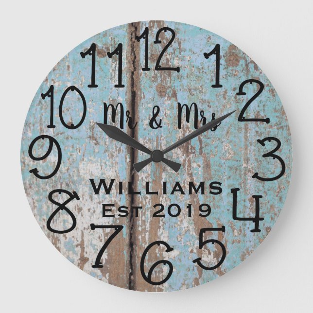 Rustic Personalized Teal Distressed Wood Custom Große Wanduhr (Vorderseite)