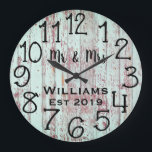 Rustic Personalized Teal Distressed Wood Custom Große Wanduhr<br><div class="desc">Beautiful, unique, one-of-a-kind personalized design features a black personalized his and her names in a script font overlay design and the last name and year established in a bold script with a teal blue distressed wood background. Personalize this clock by adding your personal information. Makes a great wedding, anniversary, or...</div>