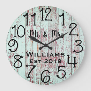 Rustic Personalized Teal Distressed Wood Custom Große Wanduhr