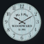 Rustic Personalized Wedding Newlyweds Large Clock Große Wanduhr<br><div class="desc">A rustic modern white washed light turquoise blue wood monogrammed wedding wall clock with date established.</div>