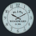Rustic Personalized Wedding Newlyweds Large Clock Große Wanduhr<br><div class="desc">A rustic modern white washed light turquoise blue wood monogrammed wedding wall clock with date established.</div>