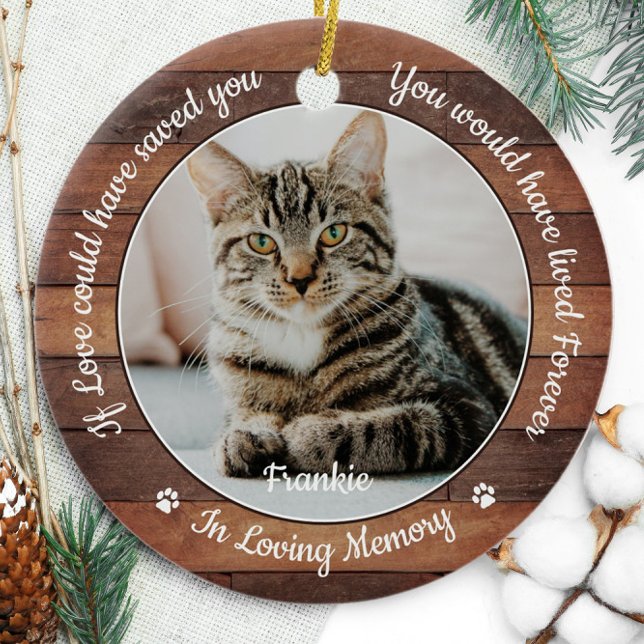 Rustic Pet Memorial Cat 2 Photo Sympathy Keramik Ornament (Von Creator hochgeladen)