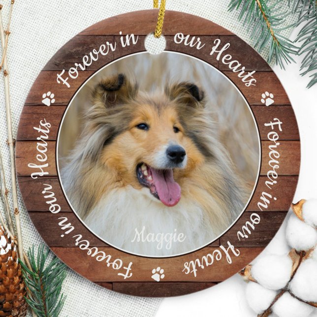 Rustic Pet Memorial Paw Prints Dog Cat 2 Photo Keramik Ornament (Von Creator hochgeladen)
