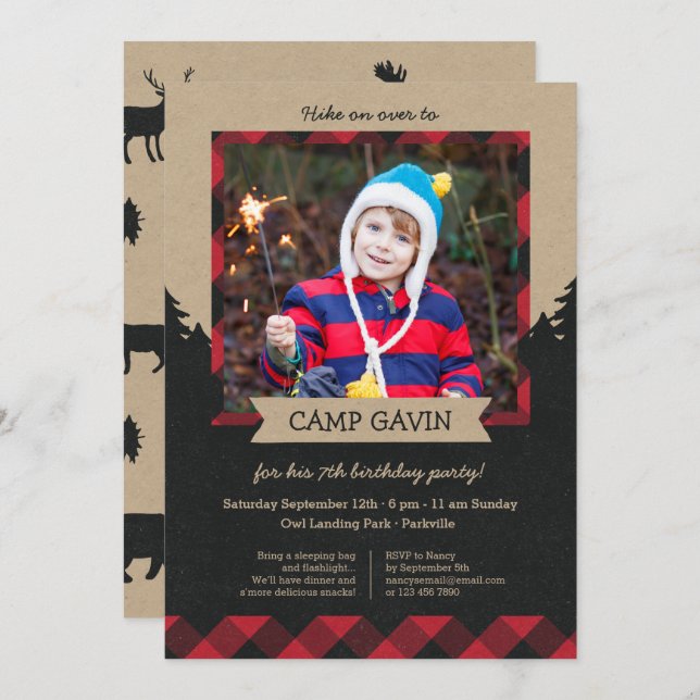 Rustic Photo Camping Invitations de fête d'anniver (Devant / Derrière)