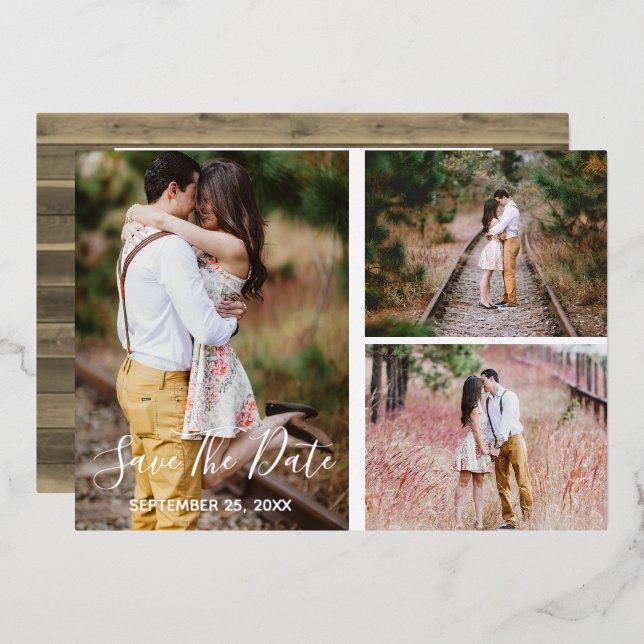 Rustic Photo Collage Enregistrer La Carte Date (Recto/Verso)