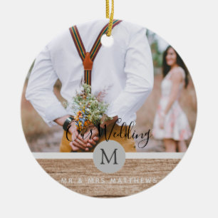 Rustic Photo Collage Monogram NEWLYWEDS WEDDING Keramik Ornament