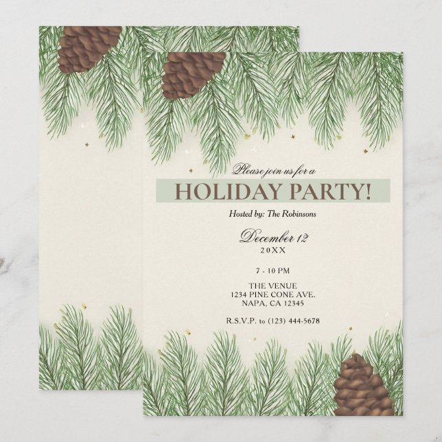 Rustic Pine Cones & Fir Christmas Holiday Party Einladung (Vorne/Hinten)