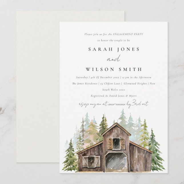 Rustic Pine Forest Barnyard Fiançailles Invitation (Devant / Derrière)
