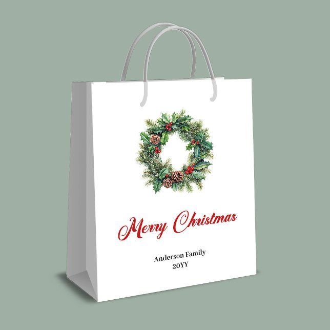 Rustic pine wreath Christmas gift bag custom Mittlere Geschenktüte (Rustic pine wreath Christmas gift bag custom)