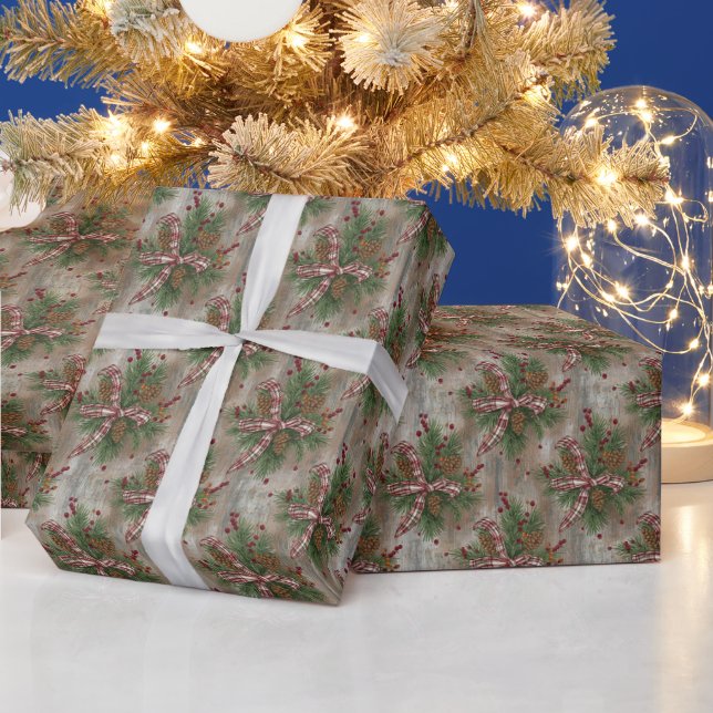 Rustic Pinecone Plaid Bow Christmas Wrapping Paper Geschenkpapier (Feiertage)