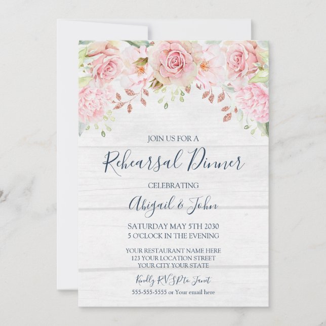 Rustic Pink Floral Spring Rehearsal Dinner Einladung (Vorderseite)