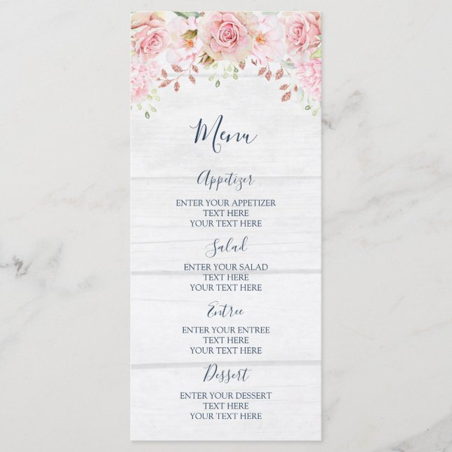 Rustic Pink Floral Spring Wedding Menu Menükarte (Vorderseite)