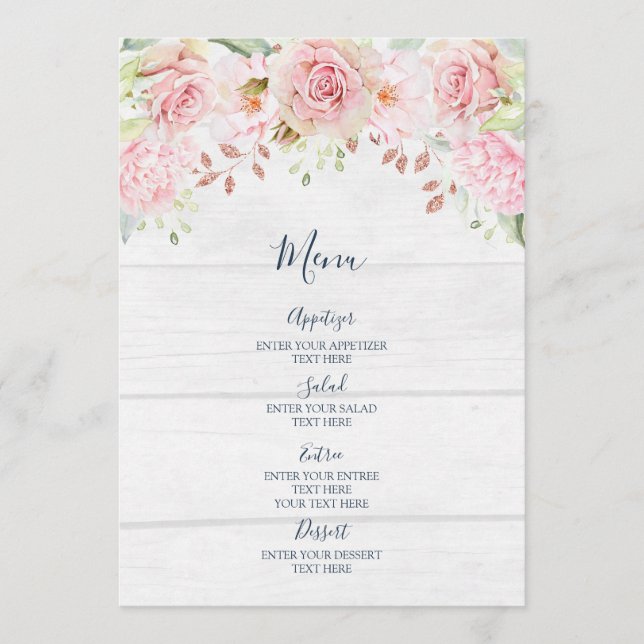 Rustic Pink Floral Spring Wedding Menu Menükarte (Vorderseite)