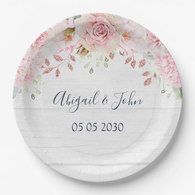 Rustic Pink Floral Spring Wedding Pappteller (Vorderseite)
