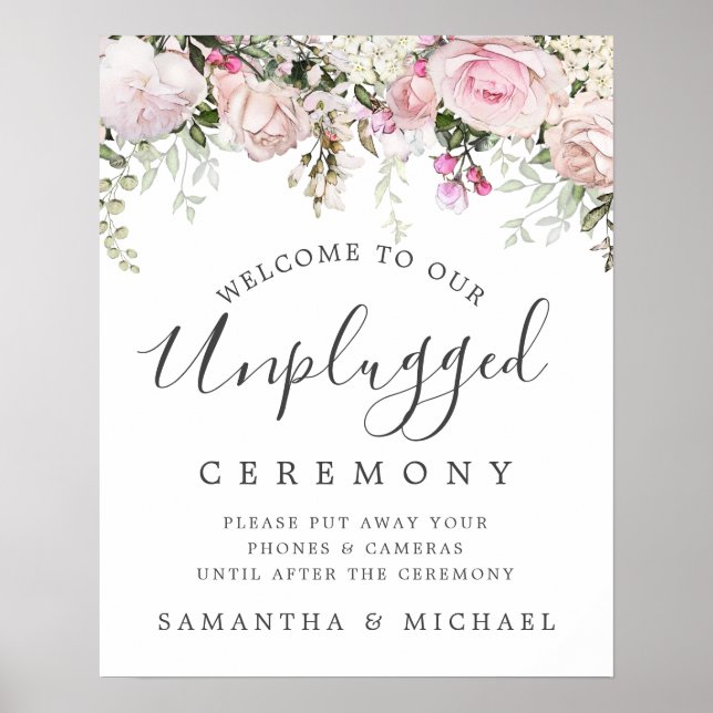 Rustic Pink Floral Unplugged Wedding Ceremony Sign Poster (Vorne)