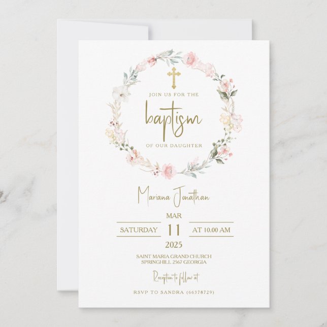 Rustic Pink Flowers Baptism Text Einladung (Vorderseite)