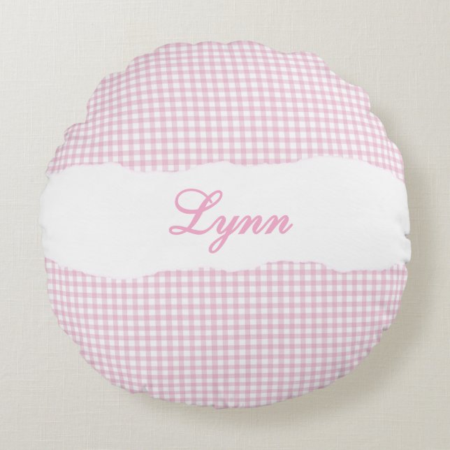 Rustic Pink Gingham Personalized Name Rundes Kissen (Vorderseite)