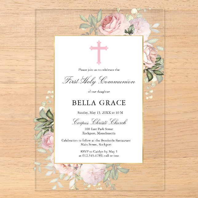 Rustic Pink Rose Floral First Holy Communion Acryleinladungen (Vorderseite)