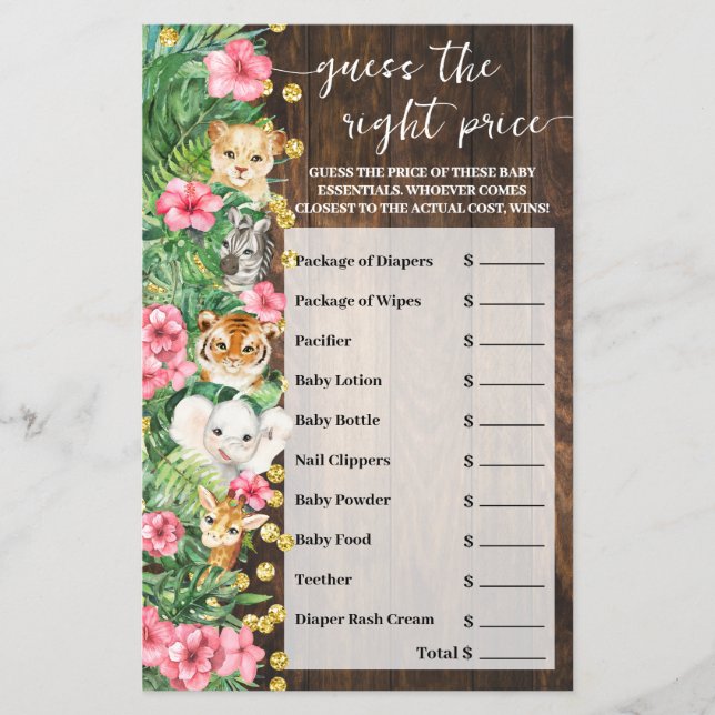 Rustic Pink Safari Guess Right Price Shower Game Flyer (Vorne)