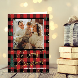 Rustic Plaid Christmas Tree Forest Photo Real Grußkarte Mit Foliendruck