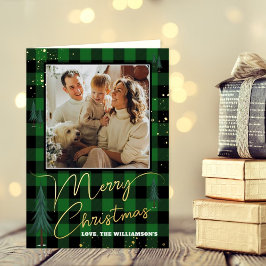 Rustic Plaid Christmas Tree Forest Photo Real Grußkarte Mit Foliendruck