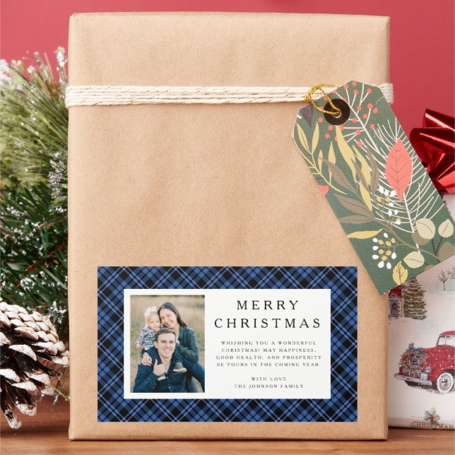 Rustic Plaid Photo Christmas Rechteckiger Aufkleber (Feiertag)