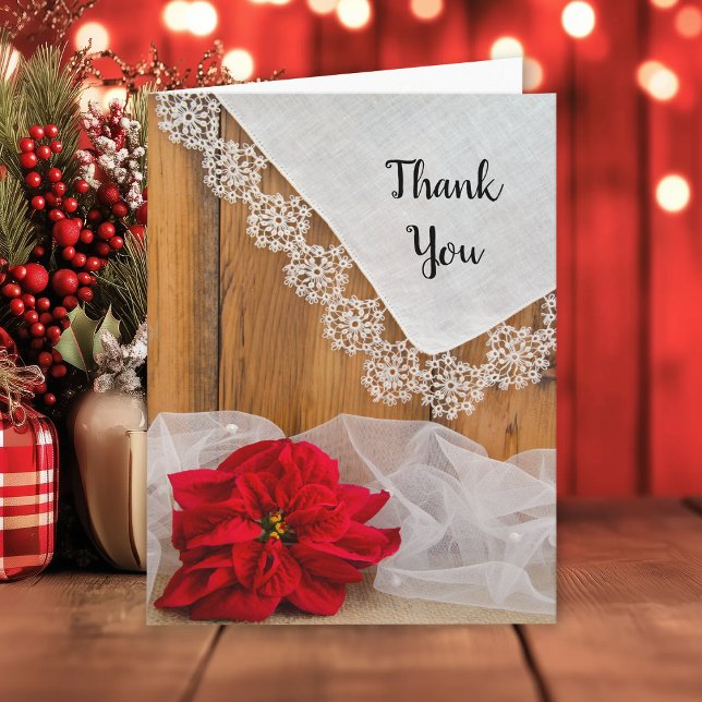 Rustic Poinsettia Lace Winter Wedding Vielen Dank Dankeskarte (Von Creator hochgeladen)