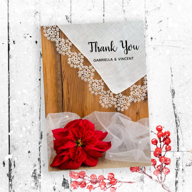 Rustic Poinsettia Lace Winter Wedding Vielen Dank Dankeskarte (Send a note of thanks after your rustic December barn party bridal shower or wedding.)
