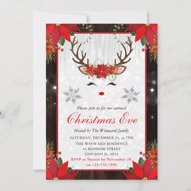 Rustic Poinsettia Reindeer Face Christmas Eve Einladung (Vorderseite)