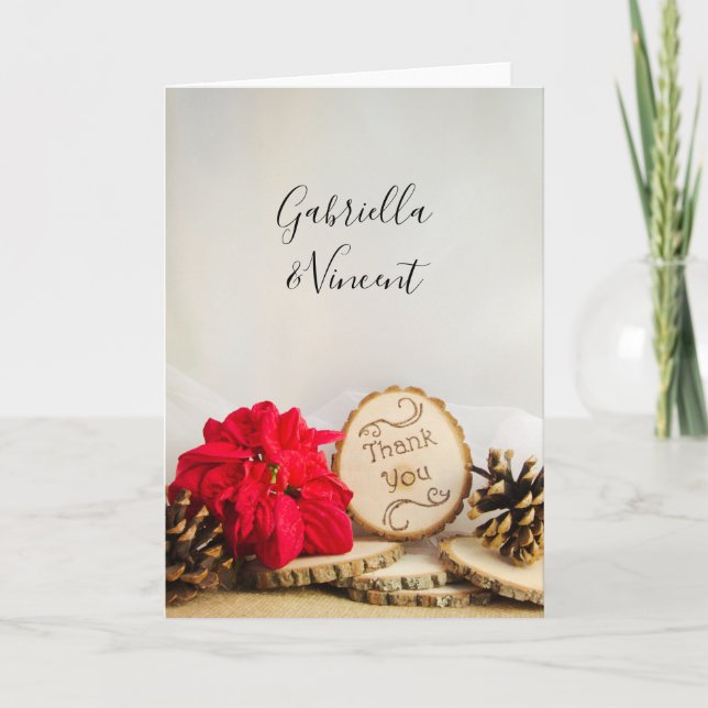 Rustic Poinsettia Woodland Wedding Vielen Dank Dankeskarte (Vorderseite)